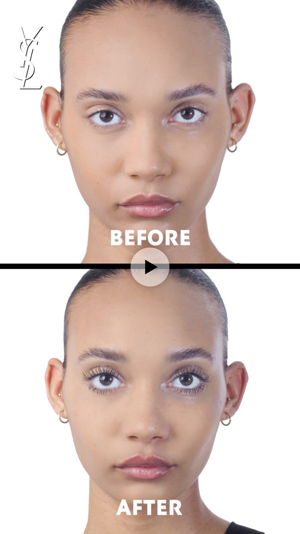 A split image showing a model's face with "Before" on the left and "After" on the right, highlighting the difference in her eyelashes and overall makeup appearance.