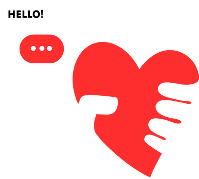 Rotes Herz-Symbol, das von einer dunklen Hand gegriffen wird, mit „HELLO!“- und „...“-Sprechblasen.