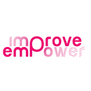 Rosa „improve empower“-Logo mit abstrakten geometrischen Linien, die die Buchstaben durchkreuzen, in einem weißen Kreis.