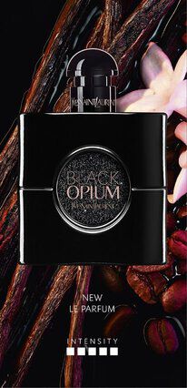 A sleek black perfume bottle labeled "Black Opium" by Yves Saint Laurent, featuring a circular logo in the center and displayed against a dark background with floral and coffee bean elements.