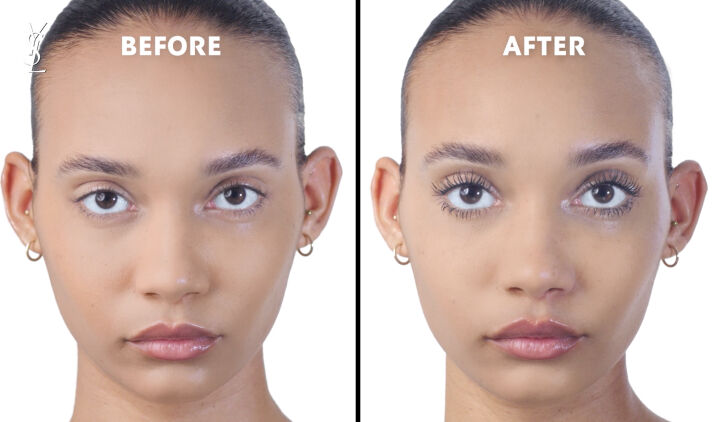 A side-by-side comparison of a model's makeup look, with "Before" on the left showing natural features and "After" on the right showcasing enhanced eyelashes and makeup.