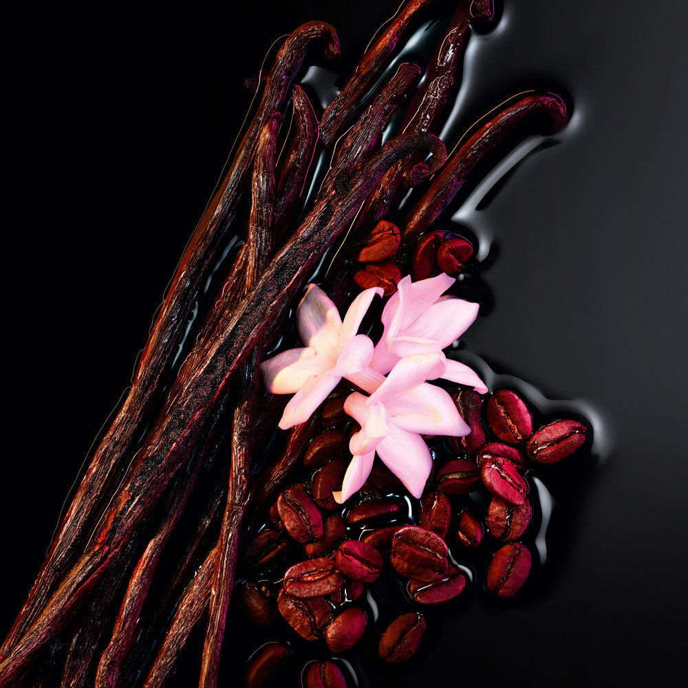 A close-up of dark chocolate vanilla pods and roasted coffee beans, adorned with delicate pink flowers, set against a sleek black background.