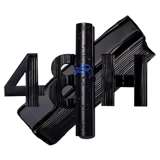 A black mascara tube with a blue logo is surrounded by the bold numbers "48H" and a slick of black mascara, suggesting long-lasting wear.
