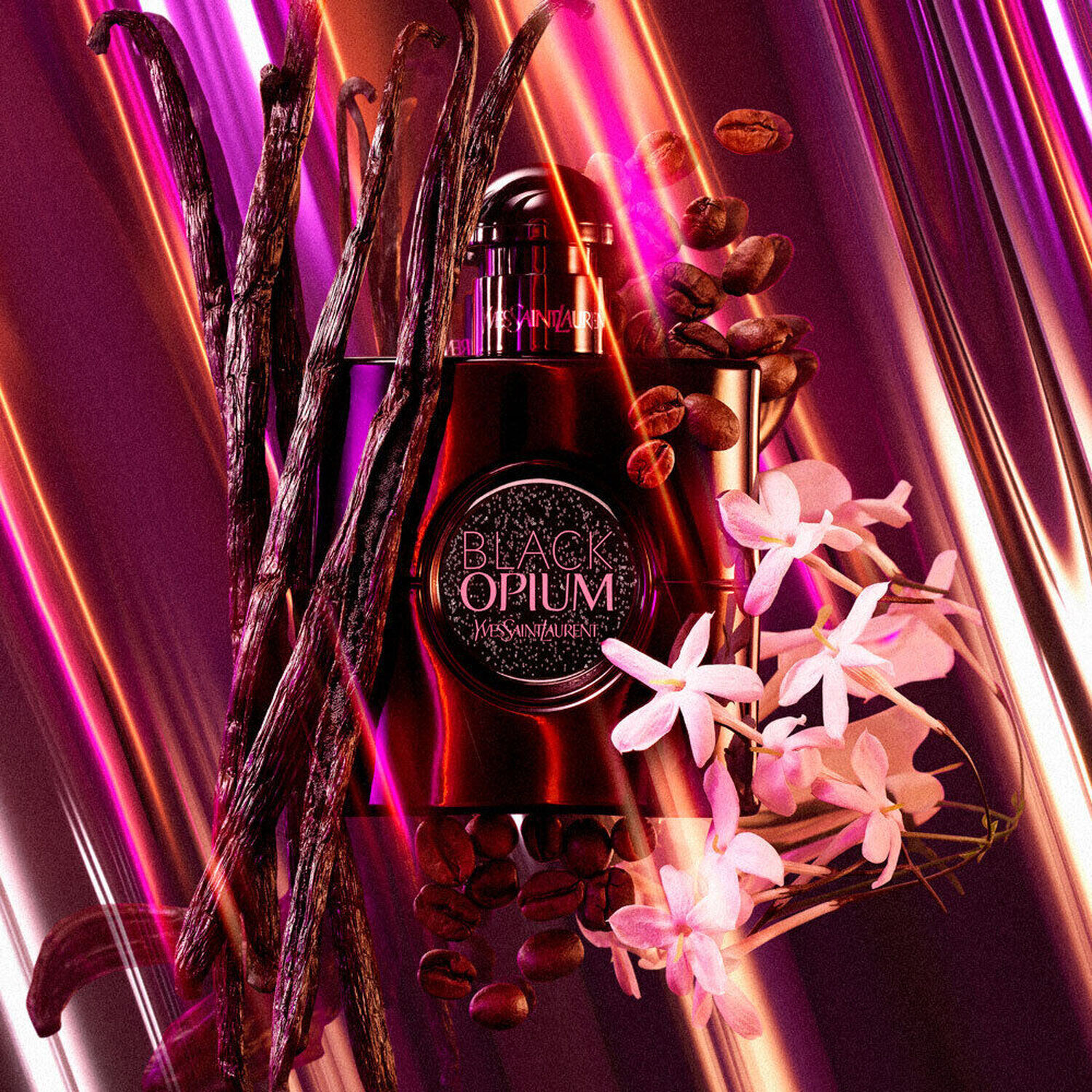 A close-up of a glossy black bottle of Yves Saint Laurent's Black Opium fragrance, surrounded by vanilla pods, coffee beans, and pink flowers, set against a vibrant, colorful background.