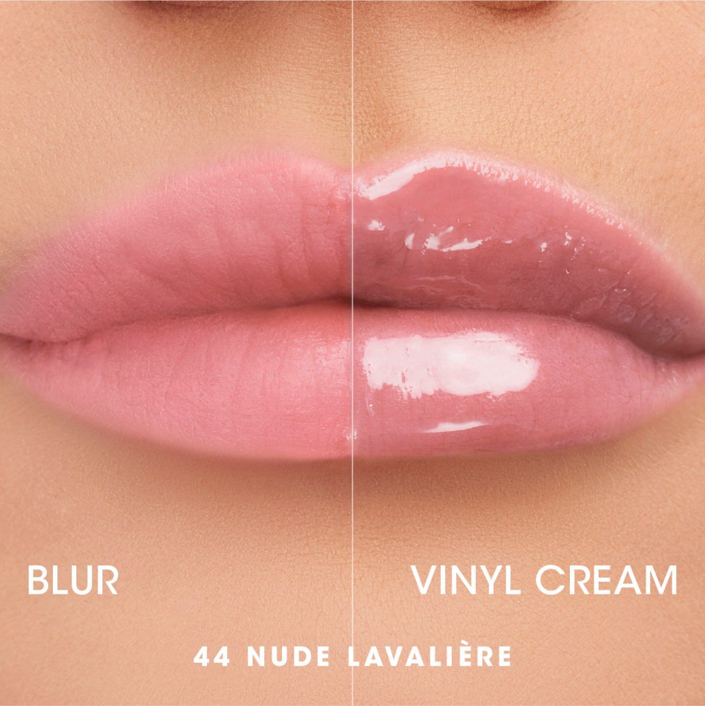 Close-up of lips showing two lip products side by side: one matte (Blur) in a soft pink shade and one glossy (Vinyl Cream) in a nude tone. The labels indicate each product type.