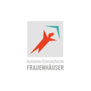 „Autonome Osterreichische FRAUENHAUSER“-Logo mit einem abstrakten Motiv einer stilisierten roten Person und einer blauen Form im Hintergrund, in einem weißen Kreis.