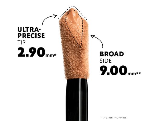 Close-up image of a makeup applicator showing its features: an ultra-precise tip measuring 2.90 mm and a broad side measuring 9.00 mm, with labeling indicating the dimensions. The background is white to emphasize the applicator.