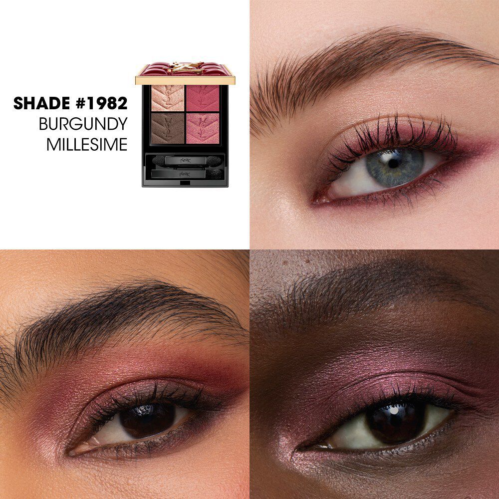 Nahaufnahmen von Augen-Make-up mit dem Farbton #1982 Burgundy Millesime auf verschiedenen Hauttonen.