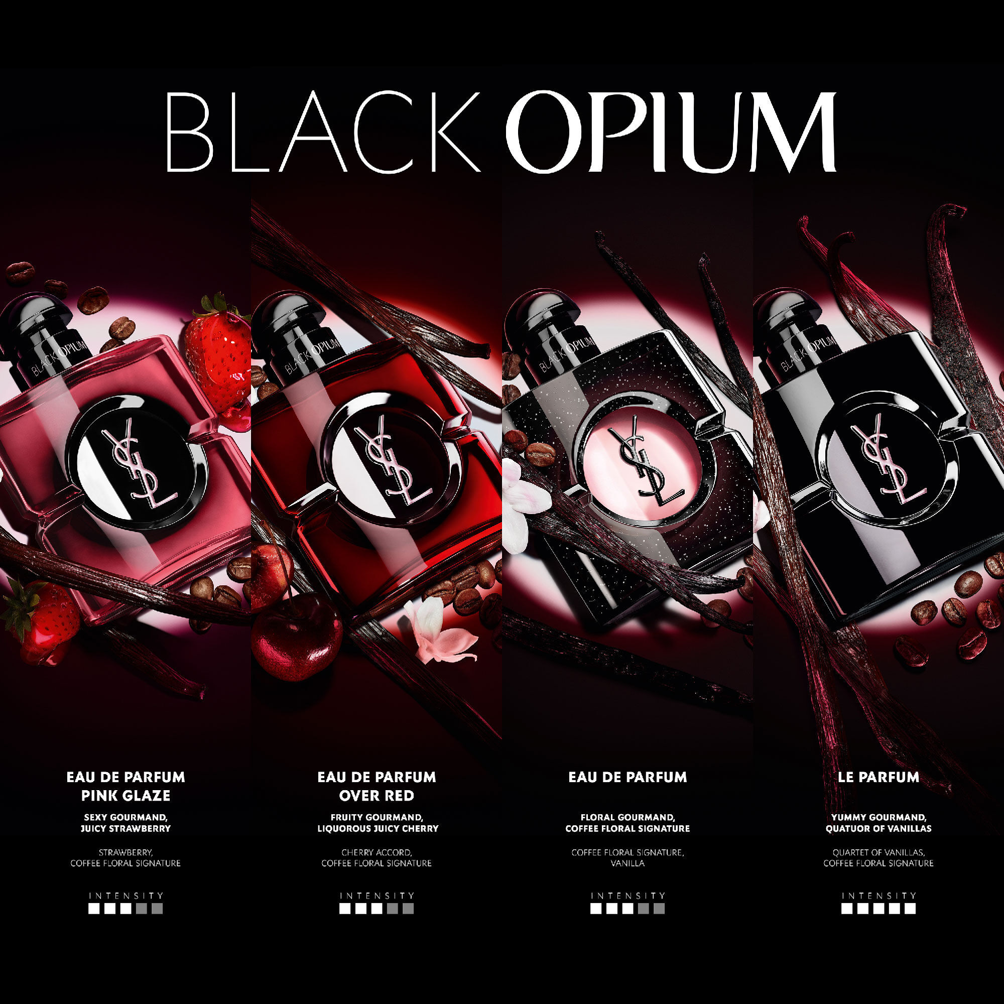 Vergleich der YSL Black Opium Dufte mit den Nuancen und der
                        Intensitat von vier Kreationen: Pink Glaze (Erdbeere), Over Red (Kirsche),
                        Eau de Parfum (klassische Kaffee-Bluten), und Le Parfum (Vanille-Quartett).