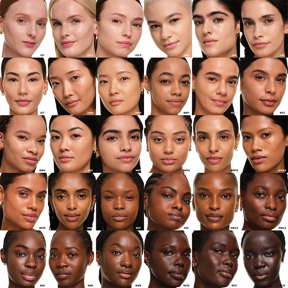 Raster aus 31 verschiedenen Models, die die inklusive Farbpalette des YSL SKIN AFFAIR SOFT GLOW CUSHION FOUNDATION prasentieren.