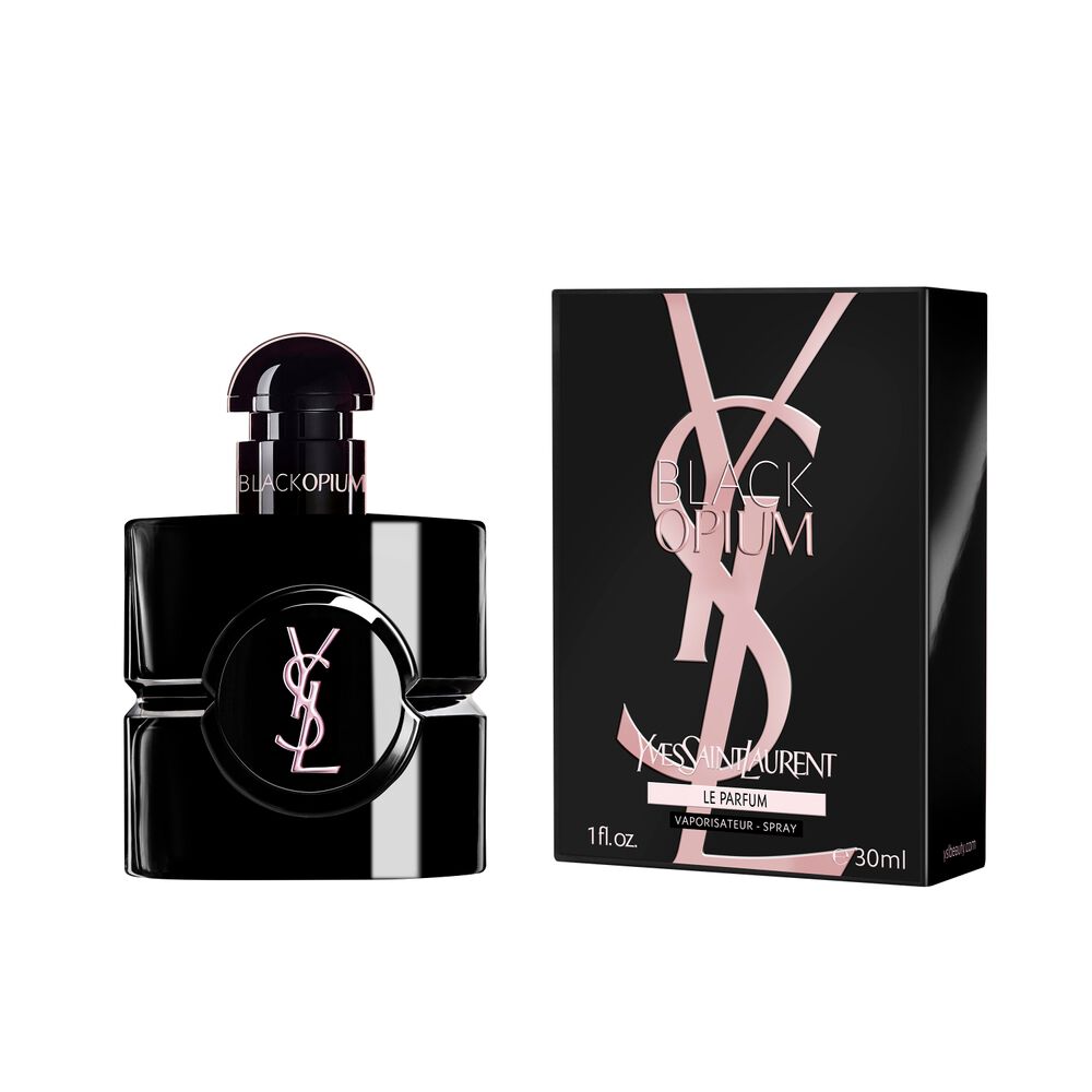 Black Opium Le Parfum Flakon neben seiner schwarzen Box mit der rosafarbenen YSL Cassandre.