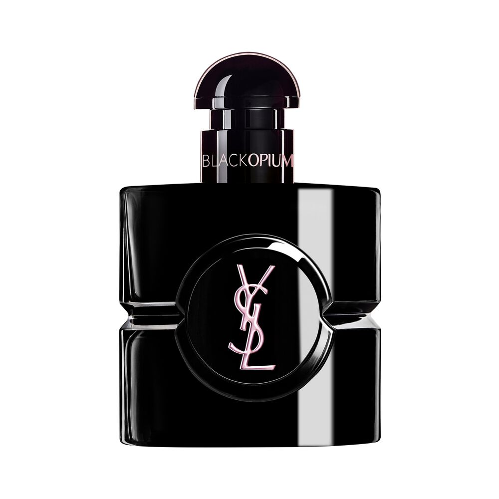 Black Opium Le Parfum Flakon in glanzendem schwarzem Lack mit schwarzer Mitte und YSL Logo.