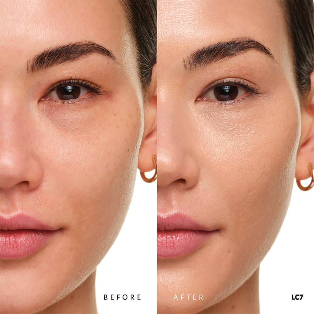 Vorher und nachher YSL SKIN AFFAIR SOFT GLOW CUSHION FOUNDATION LC7. Ebenmaßiger Teint mit nahtlos strahlendem Soft-Glow-Finish.