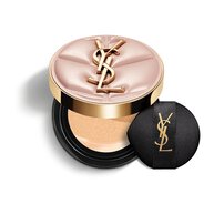 YSL SKIN AFFAIR SOFT GLOW CUSHION FOUNDATION. Rosafarbenes gestepptes Couture-Etui mit goldfarbenem Logo und schwarzem Make-up-Applikator.