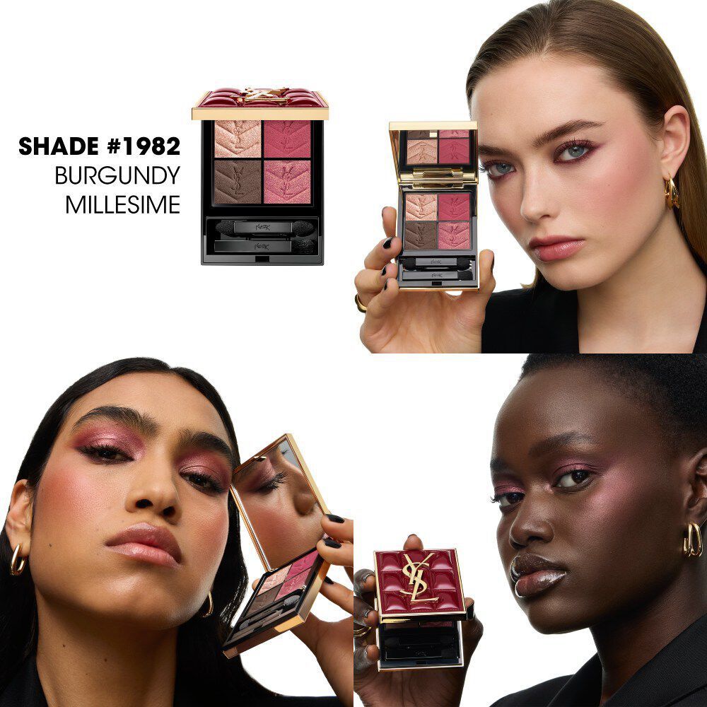 Drei Models prasentieren den YSL Couture Mini Clutch Collector-Palette Farbton #1982 Burgundy Millesime.