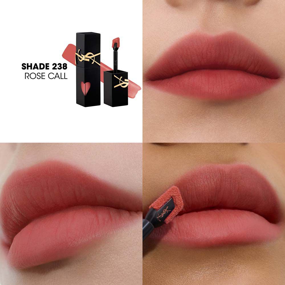 Collage mit dem YSL Lip-Stain-Flaschchen und Textur-Swatch (oben links) neben drei Nahaufnahmen von Lippen-Swatches auf verschiedenen Hauttonen – darunter einer, der gerade mit dem Applikator aufgetragen wird.