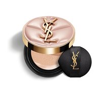 YSL SKIN AFFAIR SOFT GLOW CUSHION FOUNDATION. Rosafarbenes, gestepptes Couture-Etui mit goldenem Logo und schwarzem Make-up-Applikator.