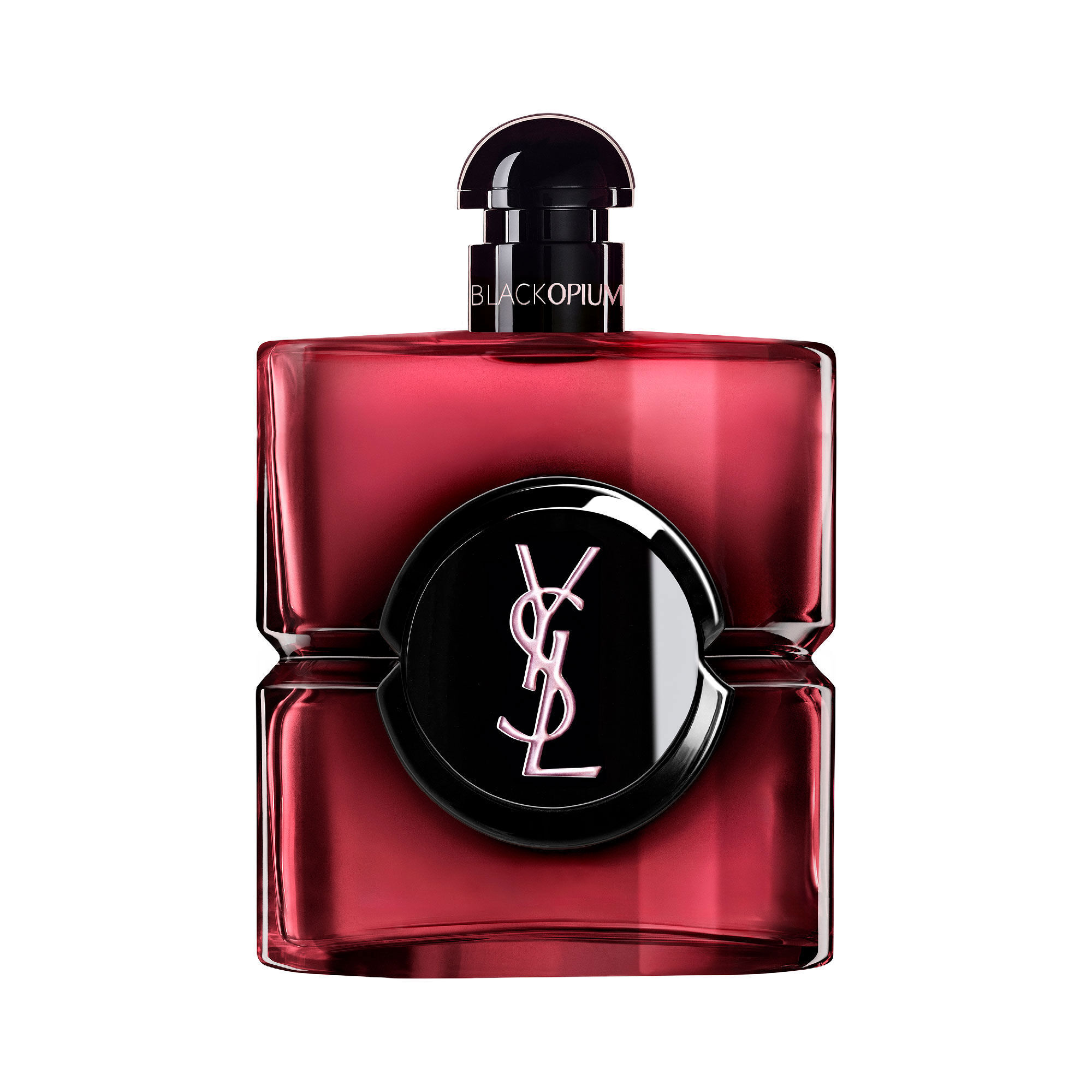 Black Opium Eau de Parfum Pink Glaze Flakon in dunklem
                        pinkfarbenem Lack mit schwarzem Zentrum und silbernem YSL Cassandre-Logo.