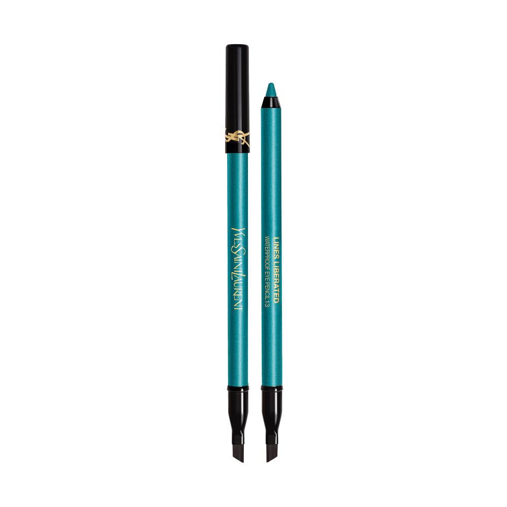 YSL Eye Pencil Lines Liberated in shade 13 Bewitching Turquoise, displayed with cap on and off.        