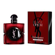 Black Opium Eau de Parfum Over Red Flakon neben seiner passenden roten Box mit dem YSL-Logo.