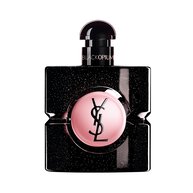 Black Opium Eau de Parfum in a black glitter bottle with a pink center, featuring the YSL logo.