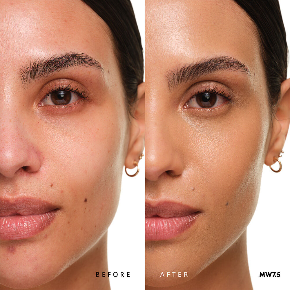 Vorher und nachher YSL SKIN AFFAIR SOFT GLOW CUSHION FOUNDATION MW7.5. Einheitlicher Teint mit nahtlos strahlendem Soft-Glow-Finish.