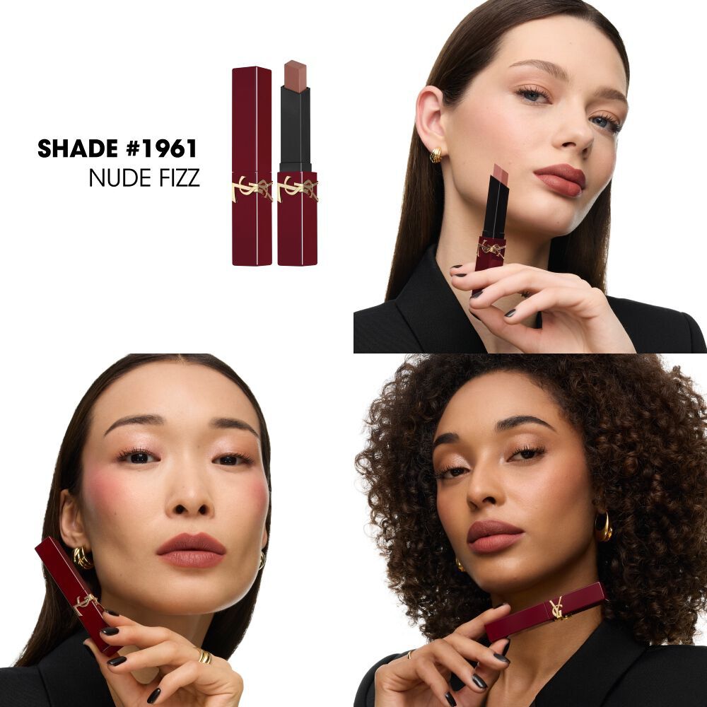 Verschiedene Models posieren mit dem YSL The Slim Collector Lippenstift in Nude-Ton #1961.