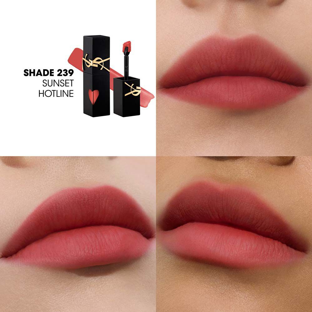 Collage mit dem YSL Lip-Stain-Flakon und einem Textur-Swatch (oben links) neben drei Nahaufnahmen von Lippen-Swatches auf verschiedenen Hauttonen – darunter eine Anwendung mit dem Applikator.