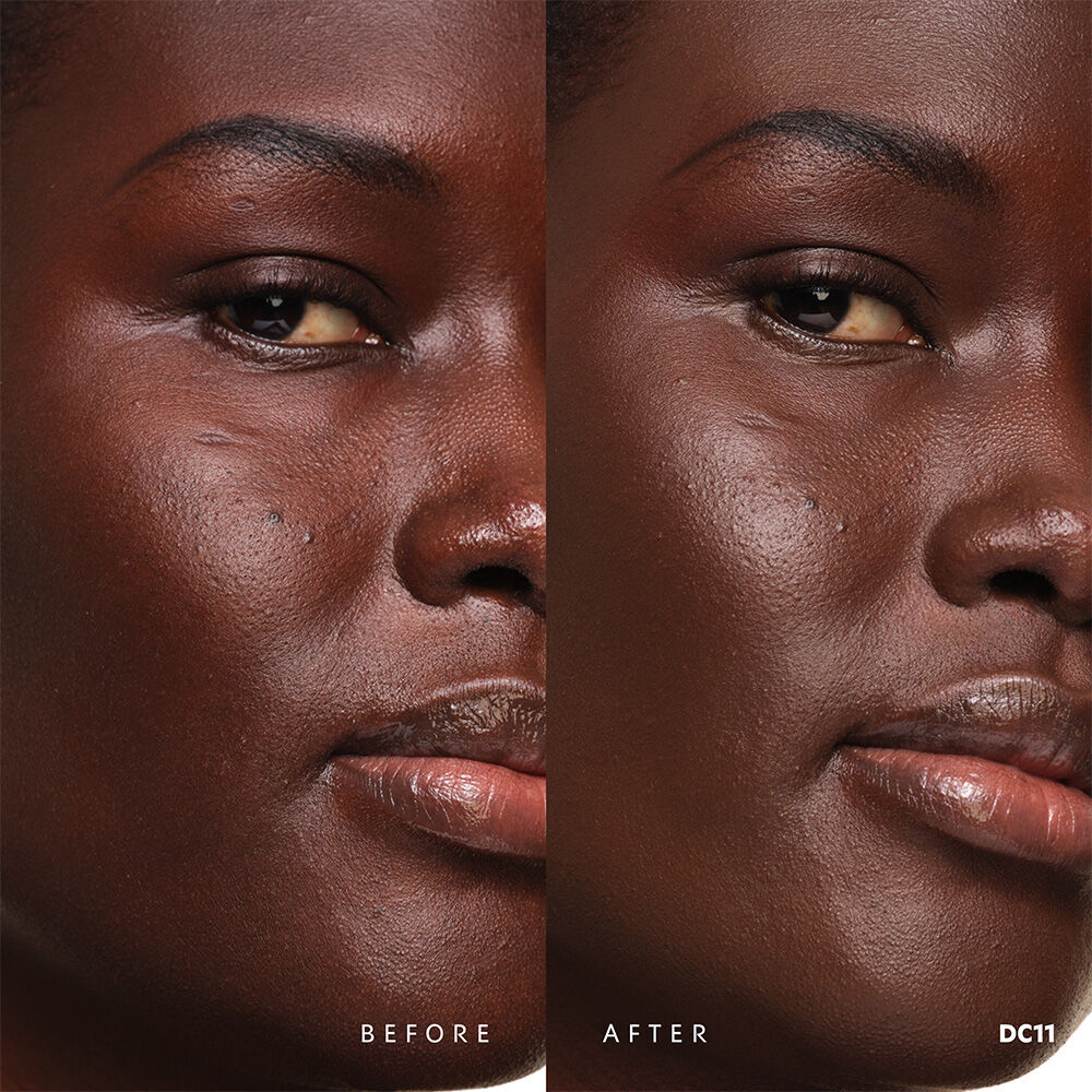 Vorher und nachher YSL SKIN AFFAIR SOFT GLOW CUSHION FOUNDATION DC11. Ebenmaßiger Teint mit nahtloser, strahlend weicher Glow-Oberflache.