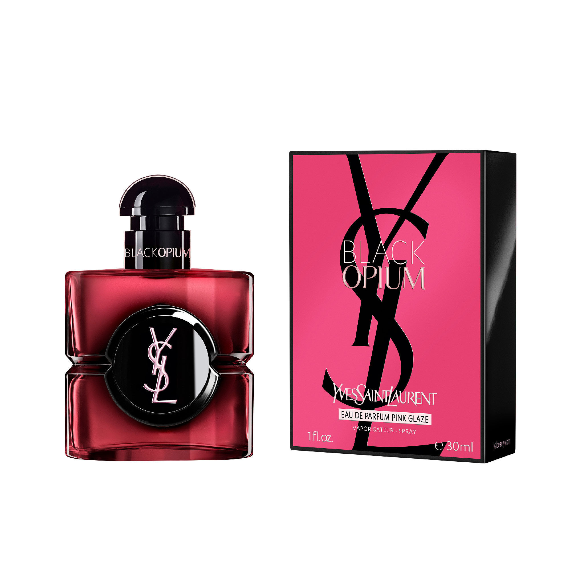 Black Opium Eau de Parfum Pink Glaze Flakon neben seiner
                        fuchsiafarbenen und schwarzen Box mit dem YSL Cassandre.