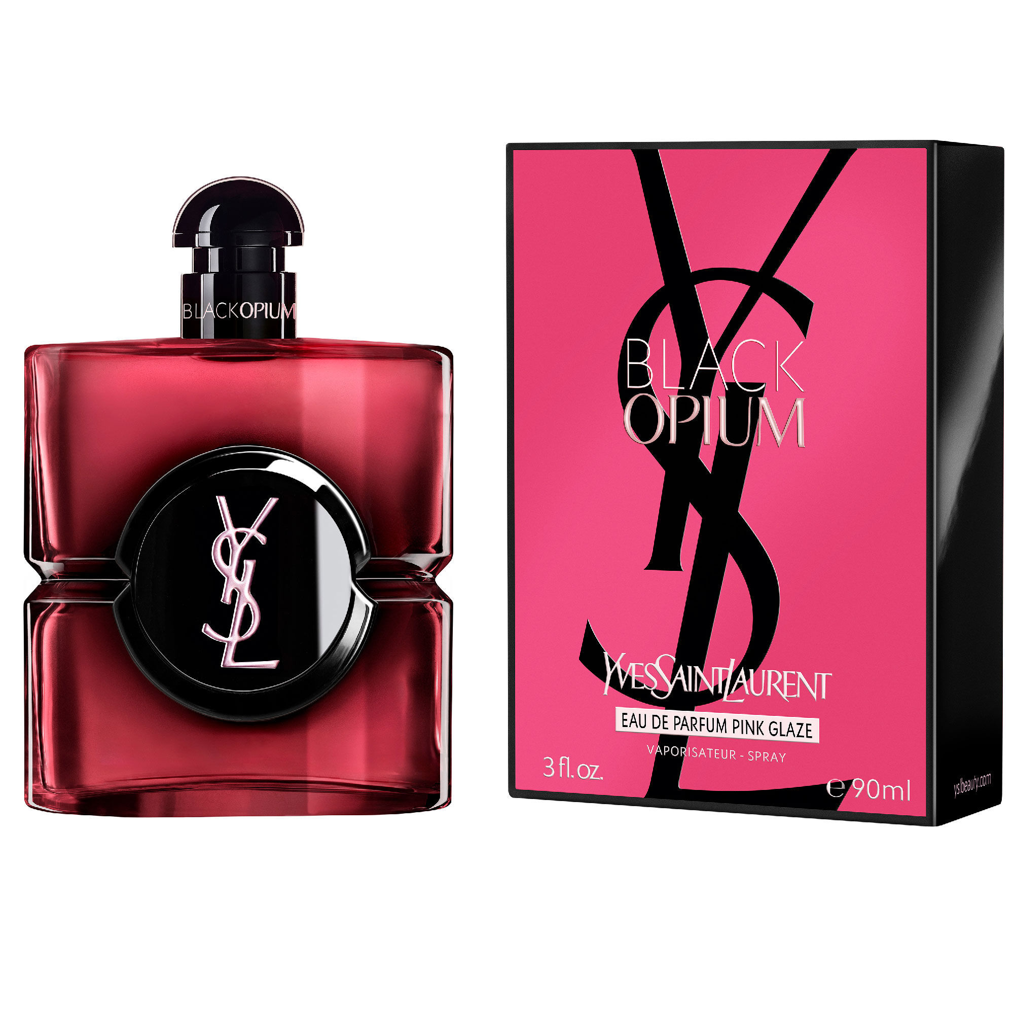 Black Opium Eau de Parfum Pink Glaze Flakon neben seiner
                        fuchsial-farbenen und schwarzen Verpackung mit dem YSL Cassandre.