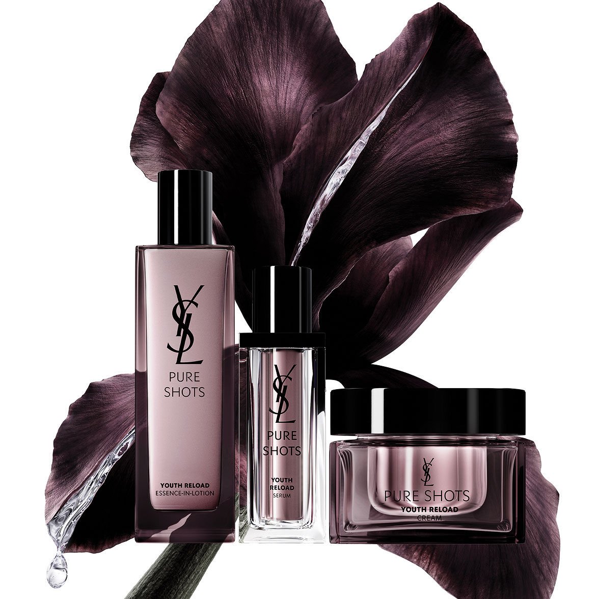 YSL Beauty Pure Shots Youth Reload Essence-in-Lotion, Serum, Cream mit Irisblume.