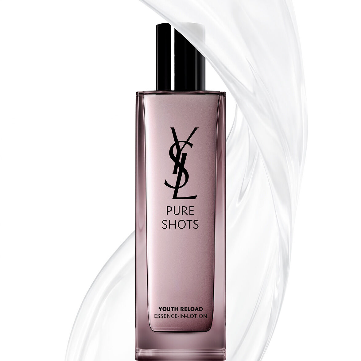 YSL Beauty Pure Shots Youth Reload Essence-in-Lotion Flakon, umgeben von einem klaren, dynamischen Swirl seiner Textur.