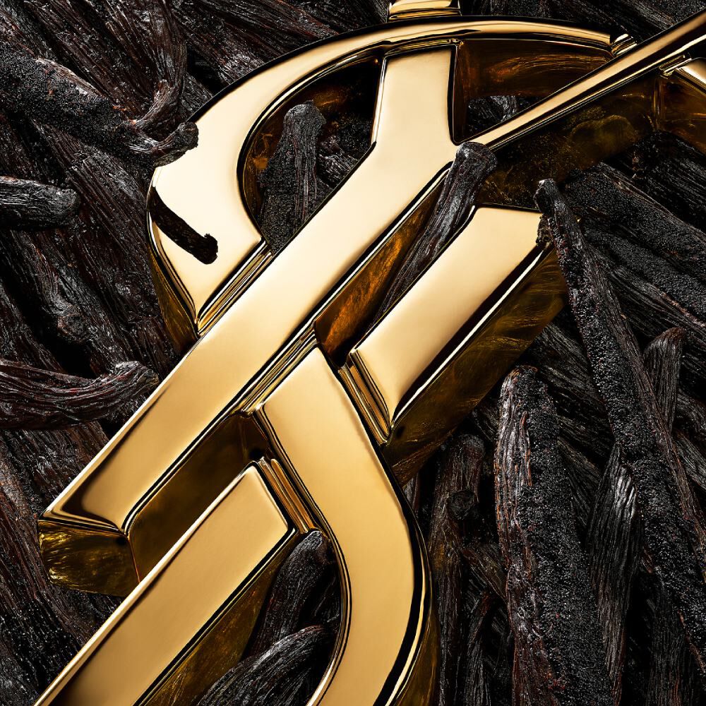 Sehr stilisierte Nahaufnahme des goldenen YSL-Logos über dunklen Vanilleschoten, die Texturen betonend.