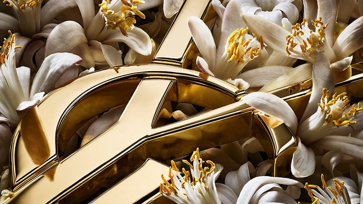 YSL LIBRE gold Cassandre logo surrounded by delicate white orange blossoms, emphasizing the floral notes.